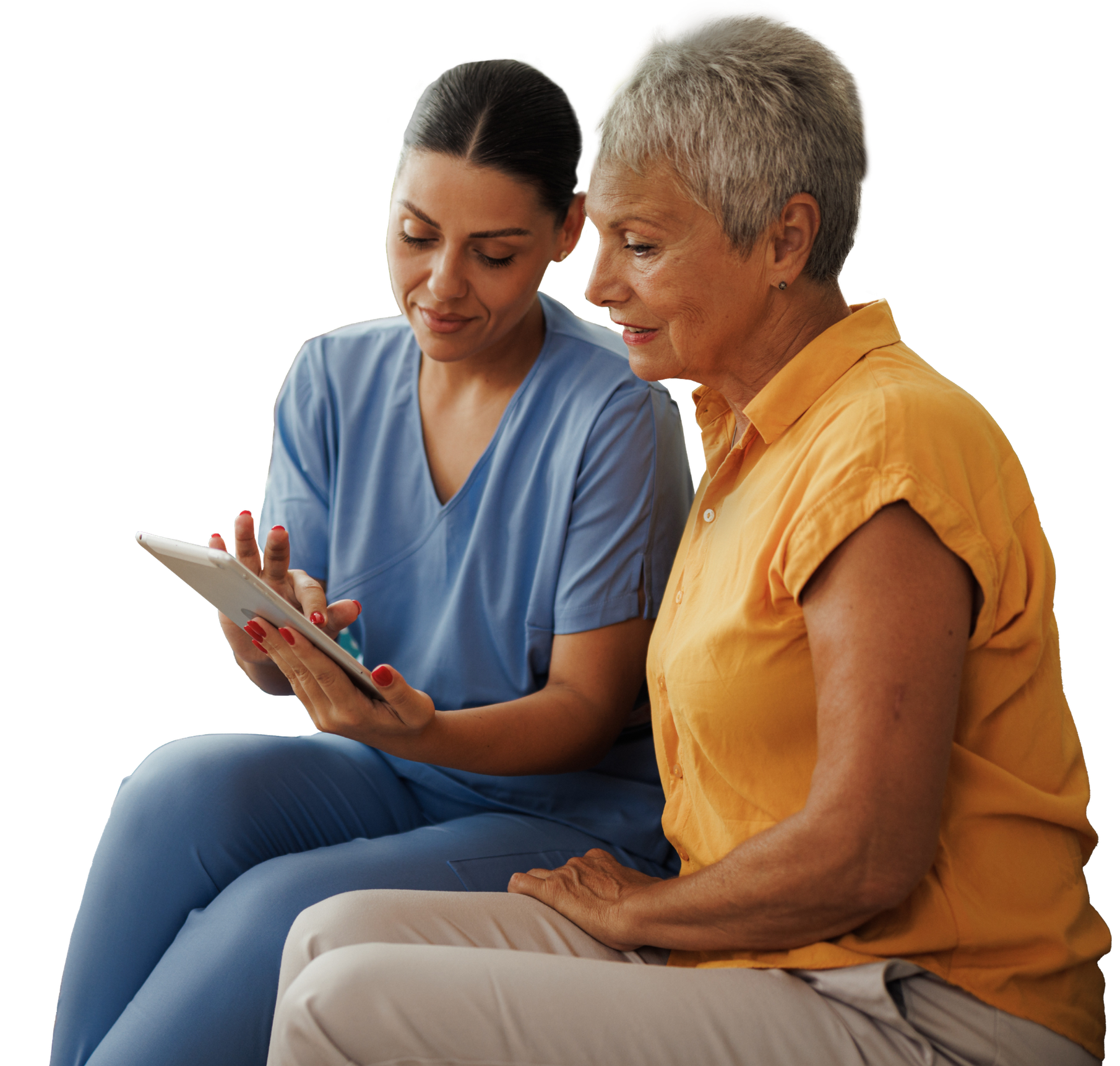 A nurse and an older woman reviewing behavioral health resources together on a tablet